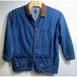 Sunbelt Denim‎ Chore Jacket Womens Blue Medium Wash Brown Collar Barn Coat